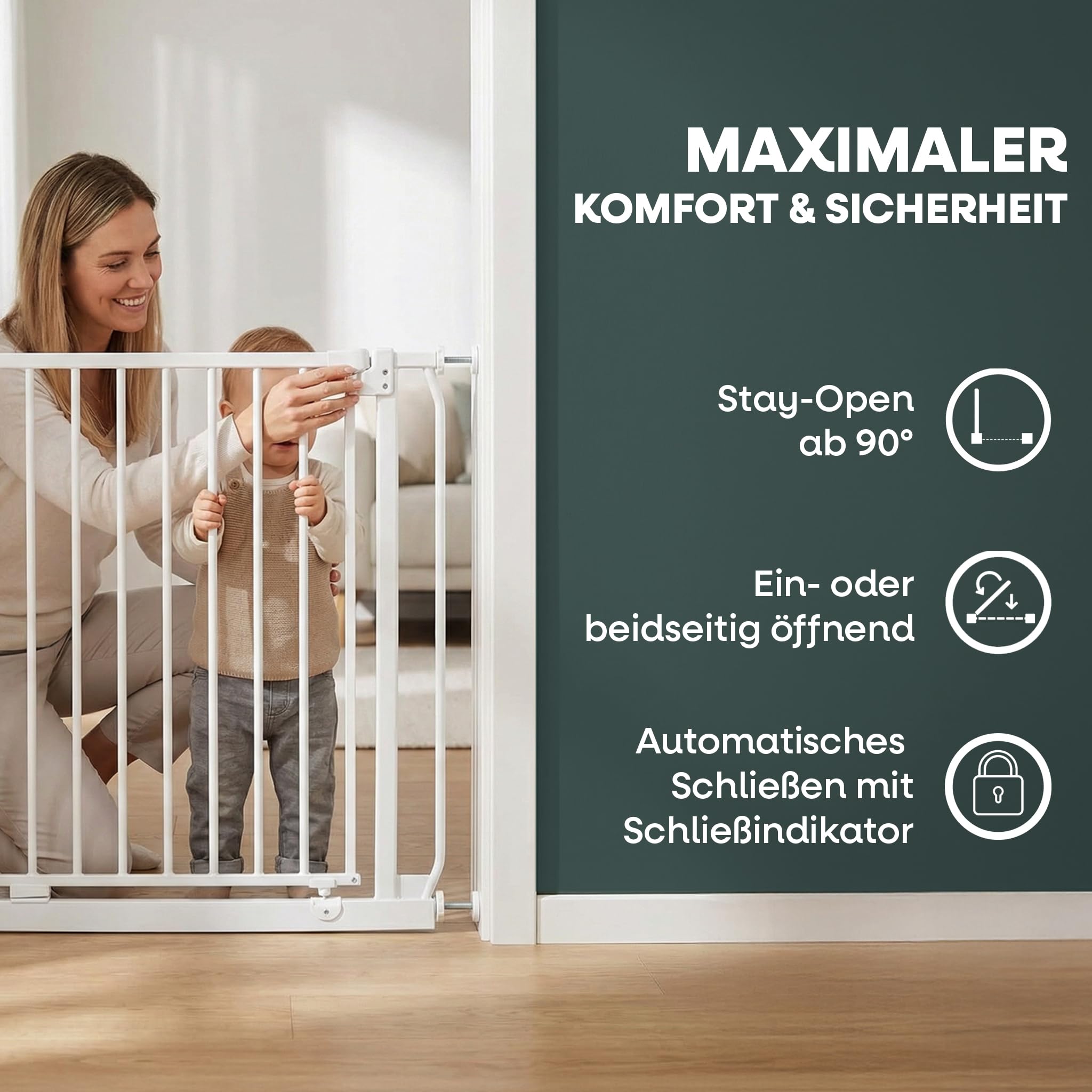 Safetots Elite Pressure Treppenschutzgitter Weiß – Ohne Bohren – Auto-Close & Stay-Open ab 90° – Extra breit bis 71cm-80cm – Beidseitig öffnend – Hochwertiges Sicherheitsgitter für Kinder & Haustiere