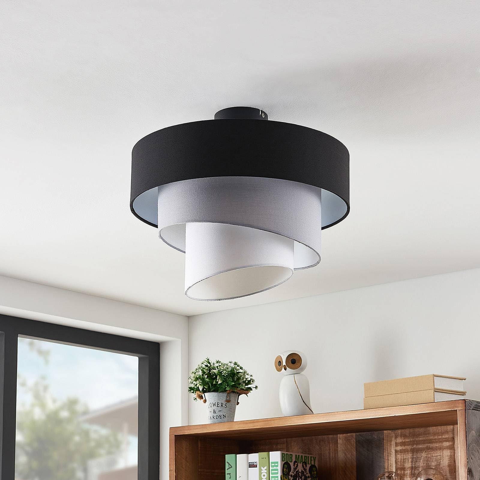 Lindby Plafoniera in Tessuto Ø 40 cm, Lampadario da Soffitto 3 Strati Nero Grigio Bianco Rotondo 3x E27 a Sospensione Camera Letto Lampada Soggiorno Cucina