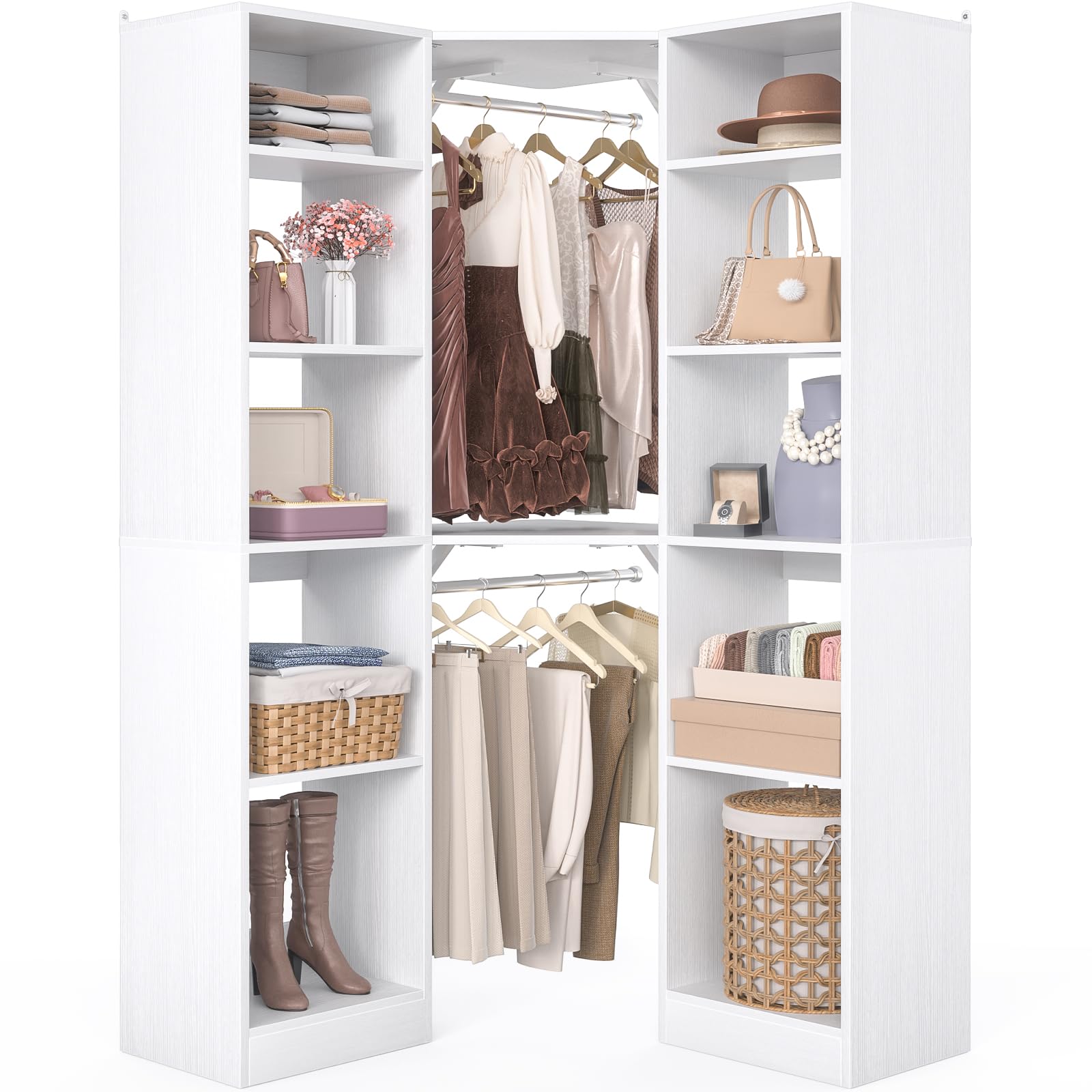 Besiost Corner Closet System With 12 Shelves, 40" Large Organizer With 2 Hanging Rods, Versatile 6-Tier Walk-in Closet for Corner Space, White
