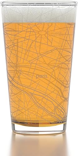 Miniatura 2 de Well Told Vaso de cerveza grabado con mapa de París Francia, grabado con mapa de la ciudad, regalo para los amantes de la cerveza (16 onzas,
