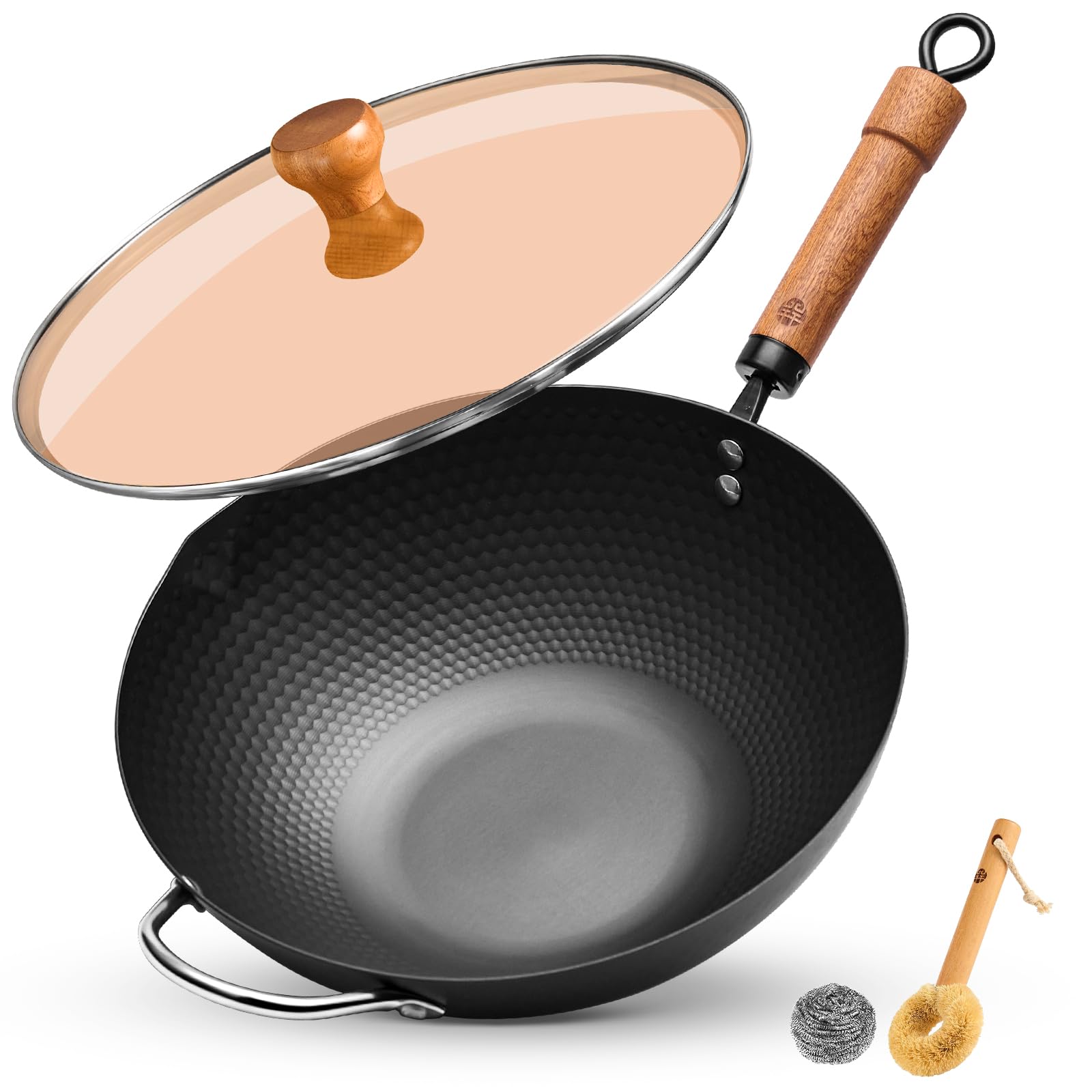 WANGYUANJI Carbon Steel Wok Pan, 12.6 Inch Flat Bottom Stir Fry Pan with Lid, Uncoated Heavy Duty Iron Wok for Induction and Gas Stoves