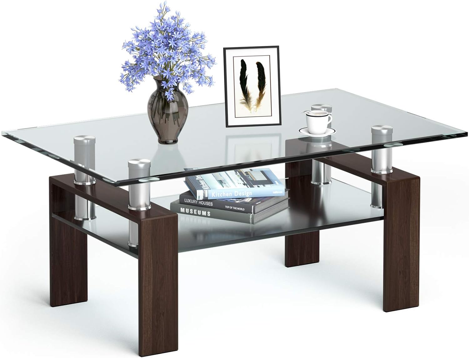 Tangkula Rectangular Glass Coffee Table, Modern Side Coffee Table w