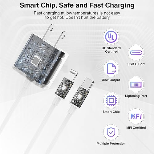 Miniatura 10 de Cargador para iPhone, cable de carga rápida de 10 pies, certificado MFi, bloque de carga rápida USB C de 20 W con cable tipo C a Lightning