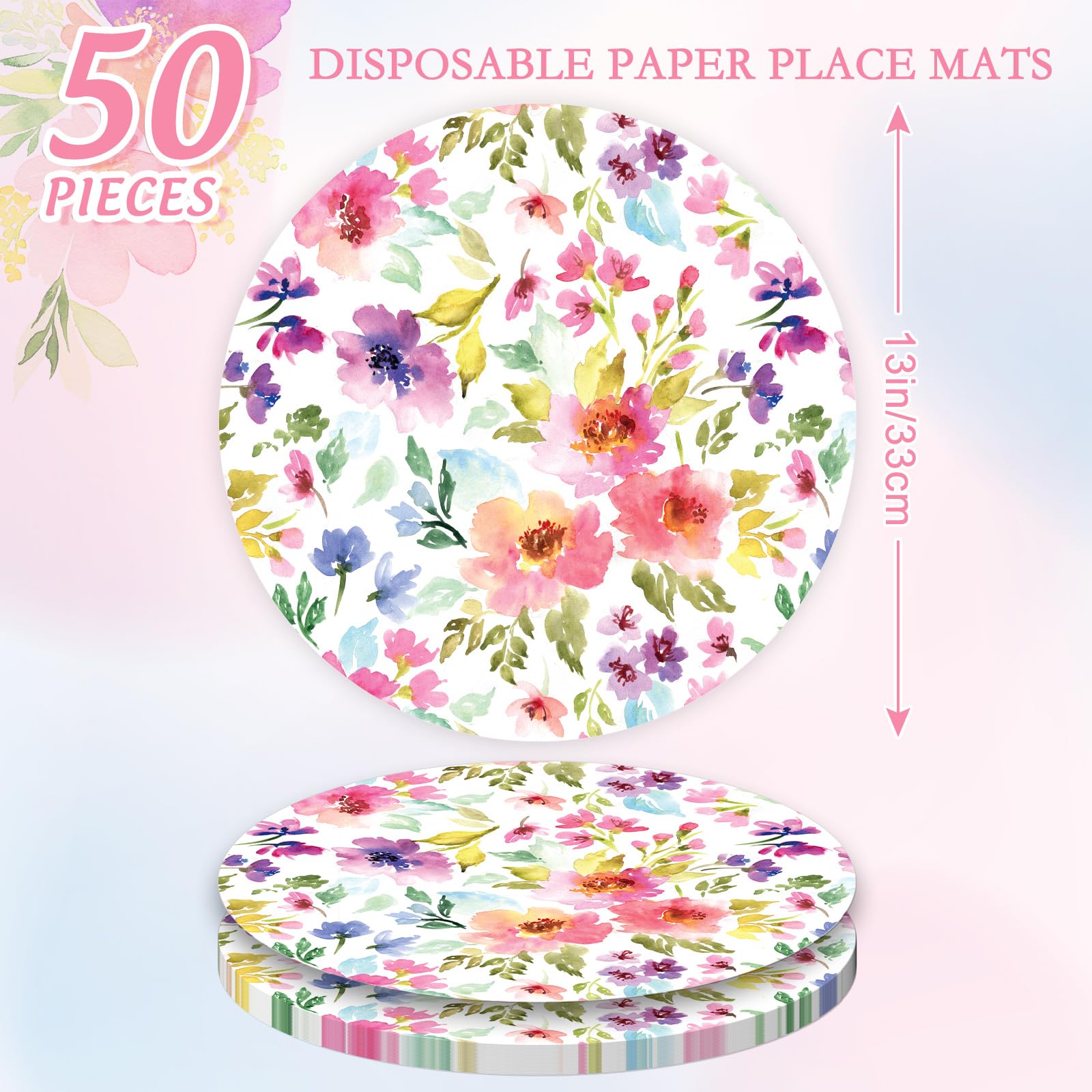 JarThenaAMCS Paquete de 50 manteles individuales de papel floral de 13 pulgadas con diseño de flores coloridas para bodas, baby shower, cumpleaños, cena