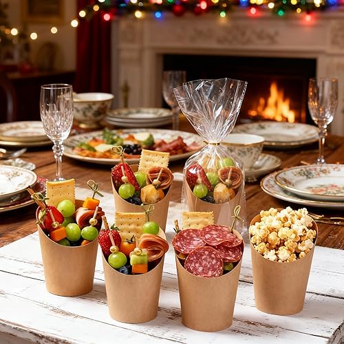 Miniatura 5 de Lawei Paquete de 100 vasos de papel kraft para papas fritas de 14 onzas, desechables, soporte para papas fritas para llevar, para fiestas,