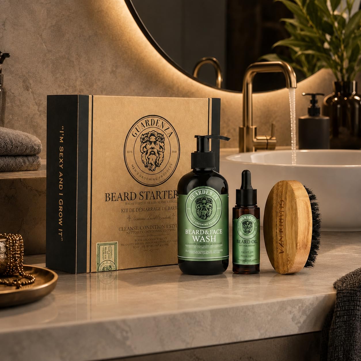 guardenza Kit de iniciación de barba – Barba Petróleo, barba y lavar la cara – Cepillo de barba