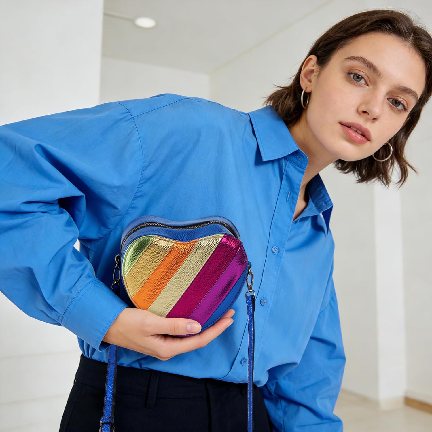 Heart Crossbody Bag, Rainbow Patchwork Shoulder Bag with Adjustable Strap, Aesthetic Heart Shaped Purse Wallet for Women, Cute Valentines Day Birthday Christmas Gift - Image 7