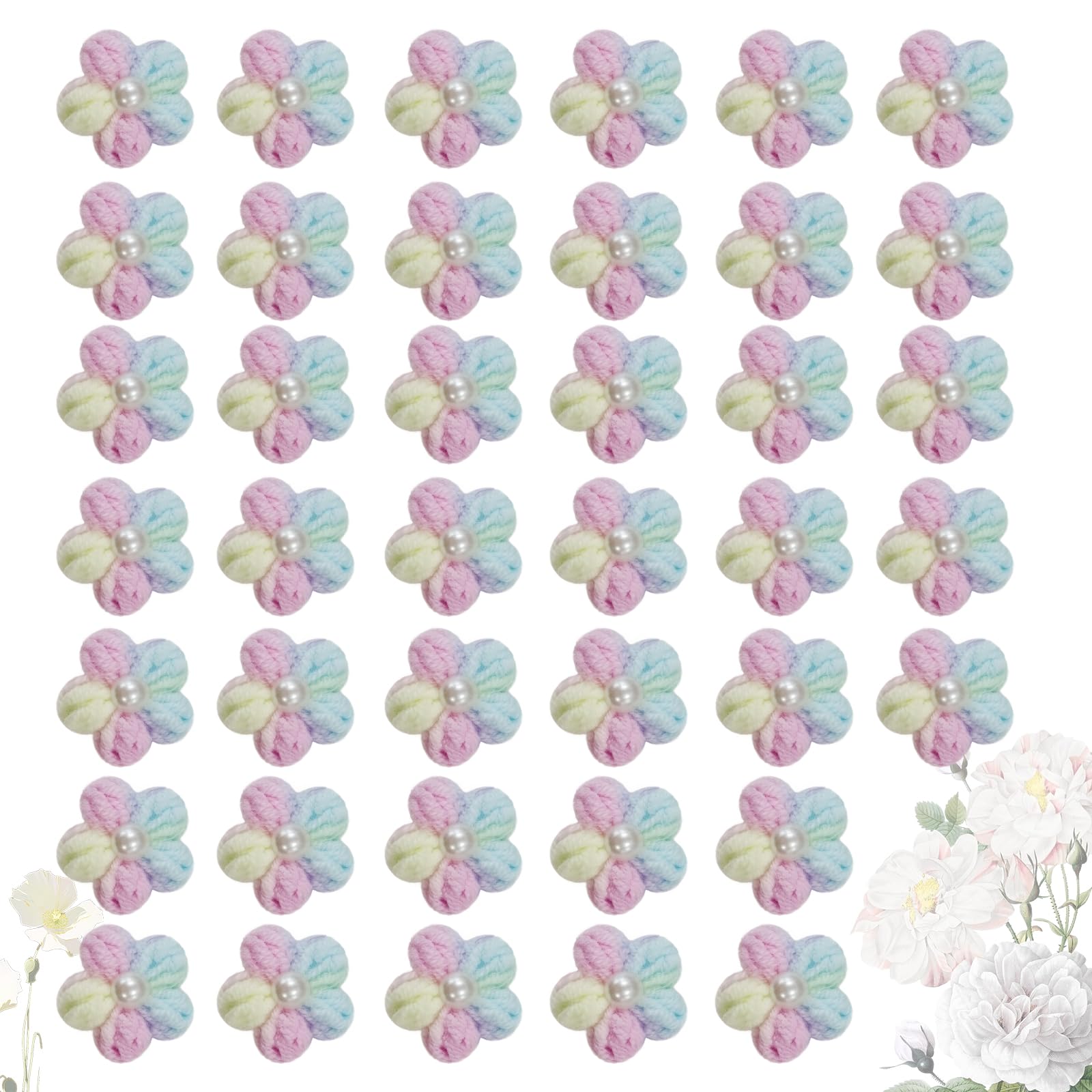 Knitted Flower Patches，Crochet Flowers Applique，40pcs Handmade Floral Sew on Patches，2cm DIY Appliques Embellishments with Pearl, Crochet Floral for Crafts,Sew Accessories(Purple/Green/Pink/Yellow）