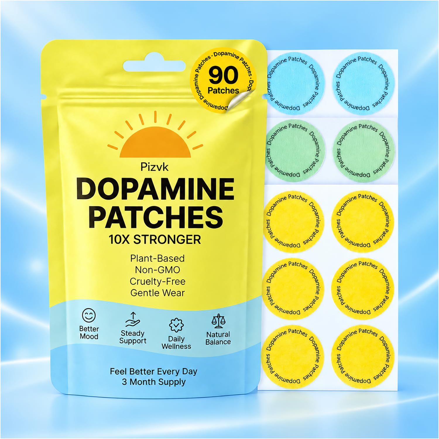 Dopamine Patches Extra Strength, 90 Count Mood Support Patch for Energy & Balance, Plant-Based Non-GMO Dopamine Patch with Serotonin Support, 3 Month Supply for Women & Men 4 x 2.5 x 0.2 Inch