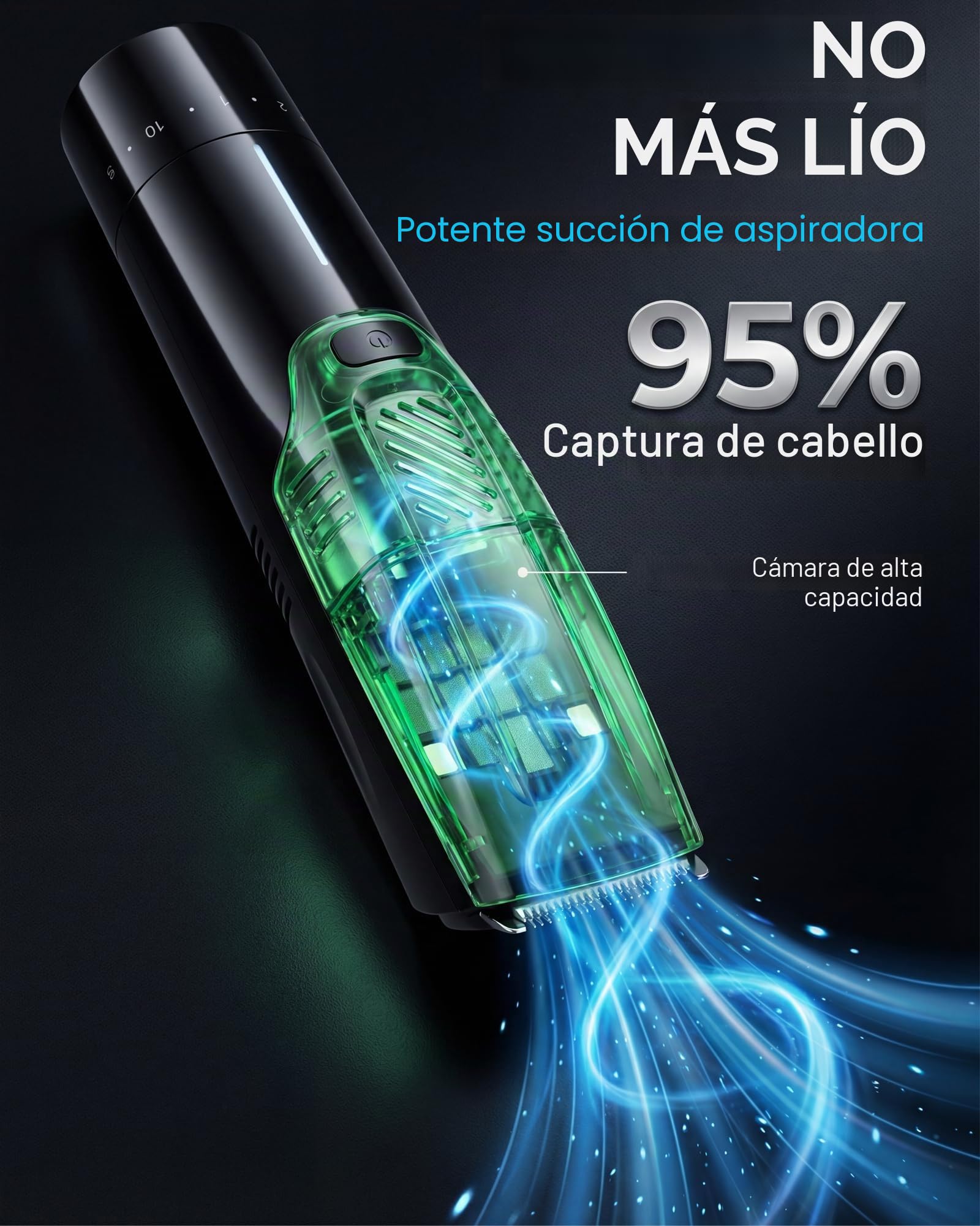 Cortadora de barba al vacío para hombre, succión y potencia ajustables de 2 velocidades, IPX6, impermeable, húmedo/seco, cortadora de pelo inalámbrica. 40 ajustes de longitud (0.5-20 mm), carga rápida