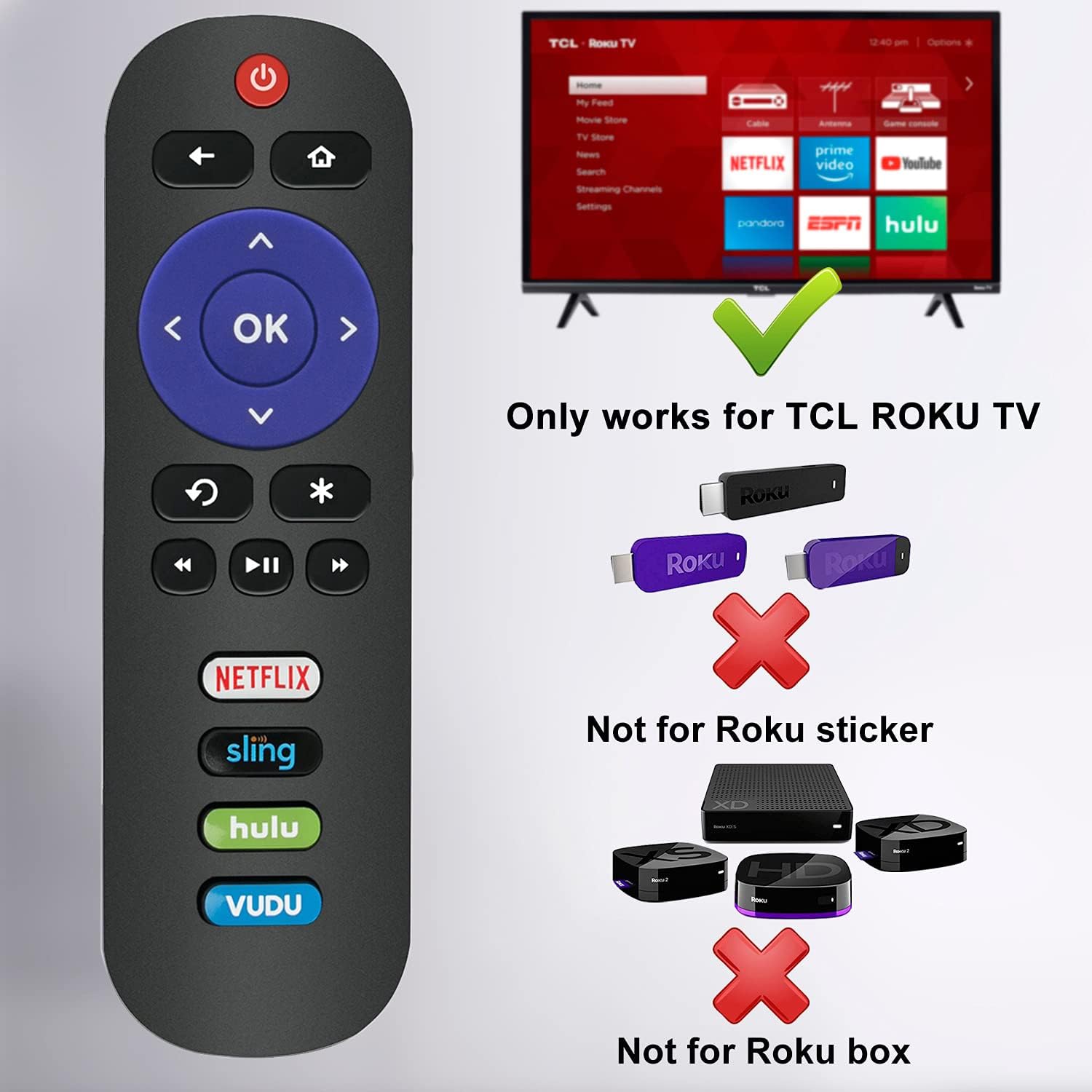 Special RC280 Remote Replacement for TCL Roku TV & All TCL Roku Smart LED TVs with Netflix Sling Hulu Vudu Keys
