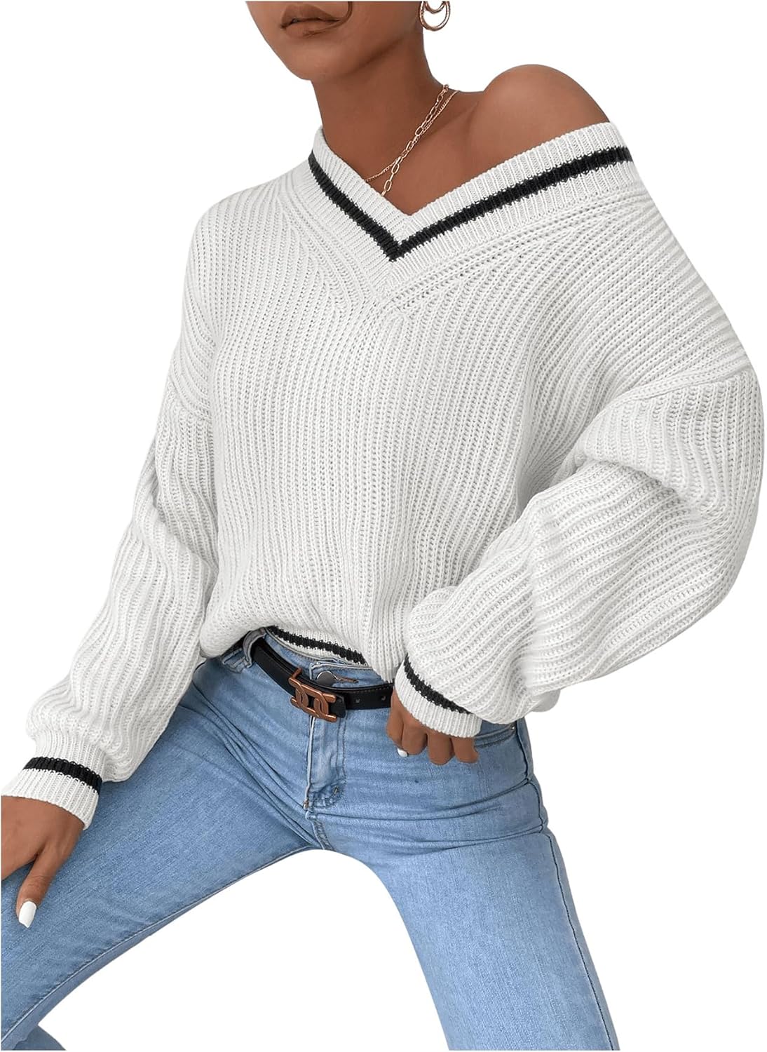 SHENHE Women's V Neck Ribbed Knit Long Sleeve Drop Shoulder Pullover Sweater Tops - Image 5