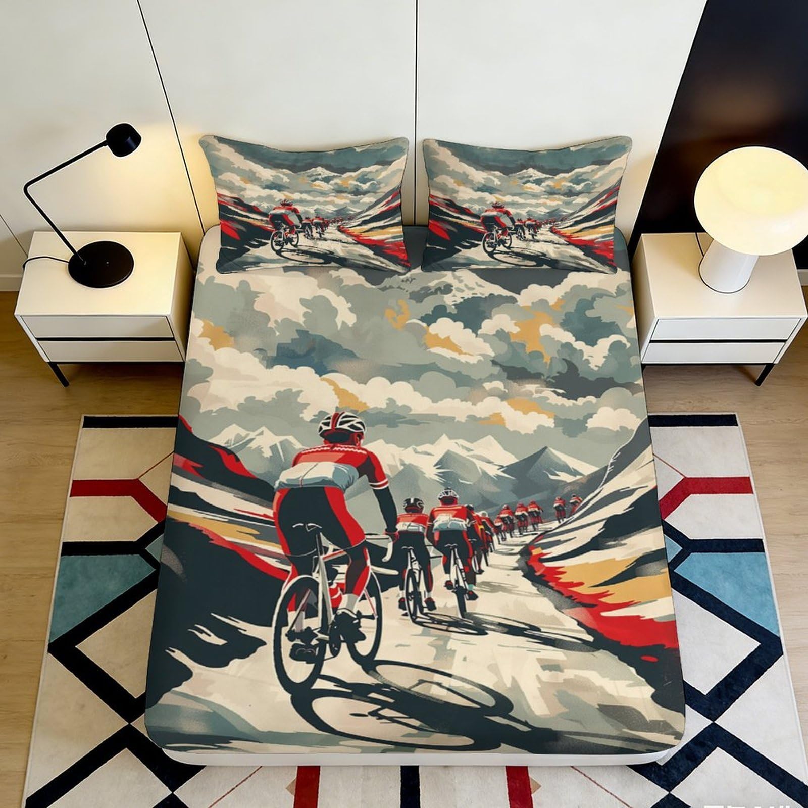 3D Printed Mountain Cycling Fitted Sheet Microfiber Non-slip Red Rider Bed Cover for Bedroom Guest Room Decor 120x200cm 90x200x25cm