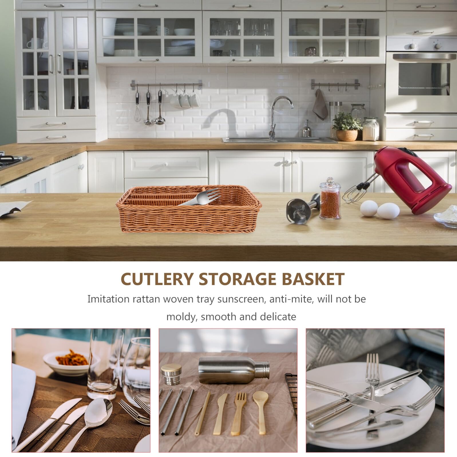 Cesta Organizadora de Cubiertos con Compartimentos Malla Tejida Imitación Ratán Bandeja Resistente y Multiusos para Cocina y Baño