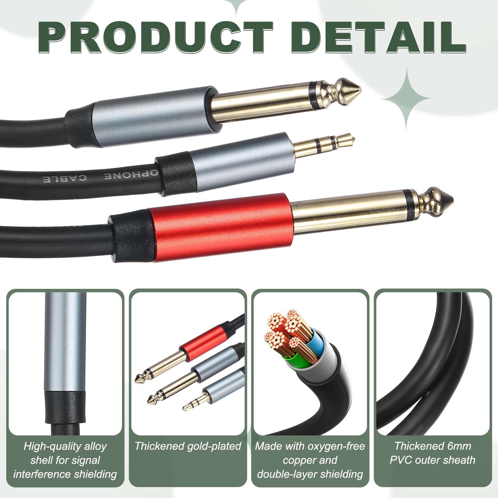 MECCANIXITY Cavo audio TRS da 1/8" a doppio TS da 6,35 mm, 4,6 m, da maschio 3,5 mm a doppio maschio da 6,35 mm, adattatore splitter a Y, cavo stereo per laptop, dispositivi home theater, nero