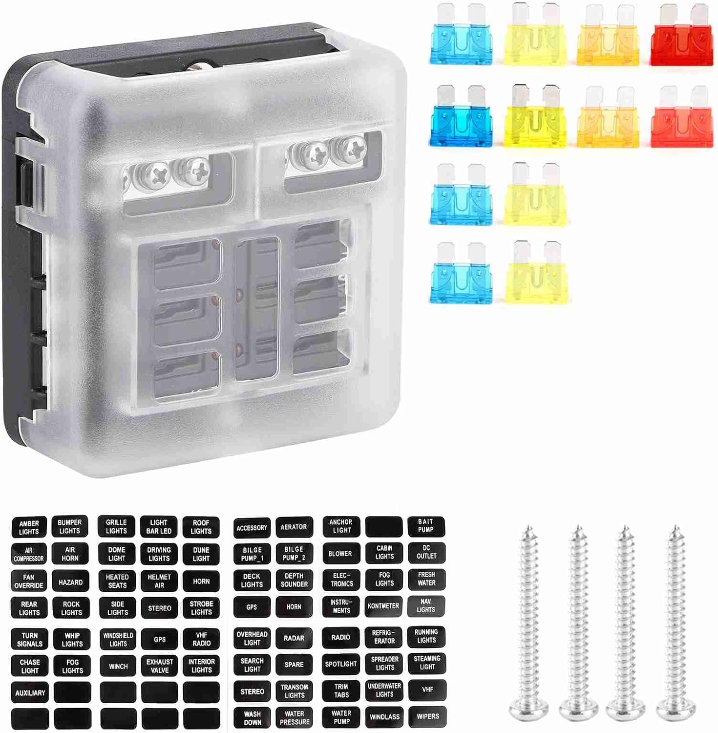 6 - Way Box Blade Block Holder with LED Indicator Light for Automotive Car Marine Boat, 30A Circuit Rating, Transparent Cover, PBT Flame - Retardant Material