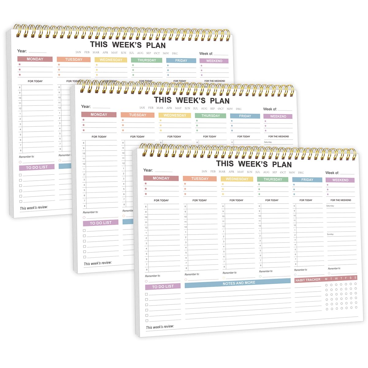 Photo 1 of (3-Pack) Undated Weekly Planner - 8.5" x 11" Undated Daily Productive Weekly To Do List Notepad for Home, Work, School, Projects, 52 Weeks, Clean Colorful Design
