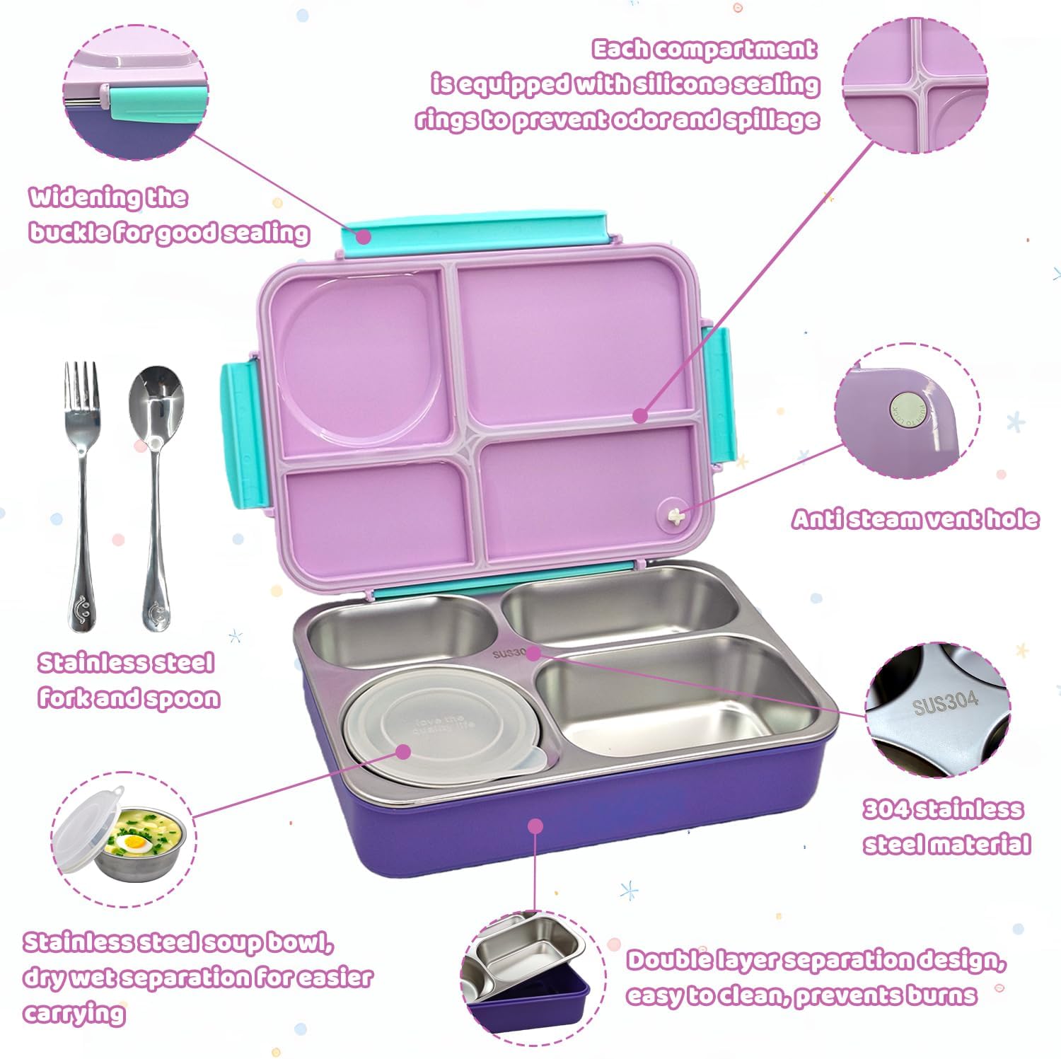 Kids Stainless Steel Lunch Box,304 Stainless Toddler Leak-Resistant Insulated Bento Box,Suitable For Schools,Office,Use Comes With An Independent Soup Cup,Tableware,4 Compartments (Purple)