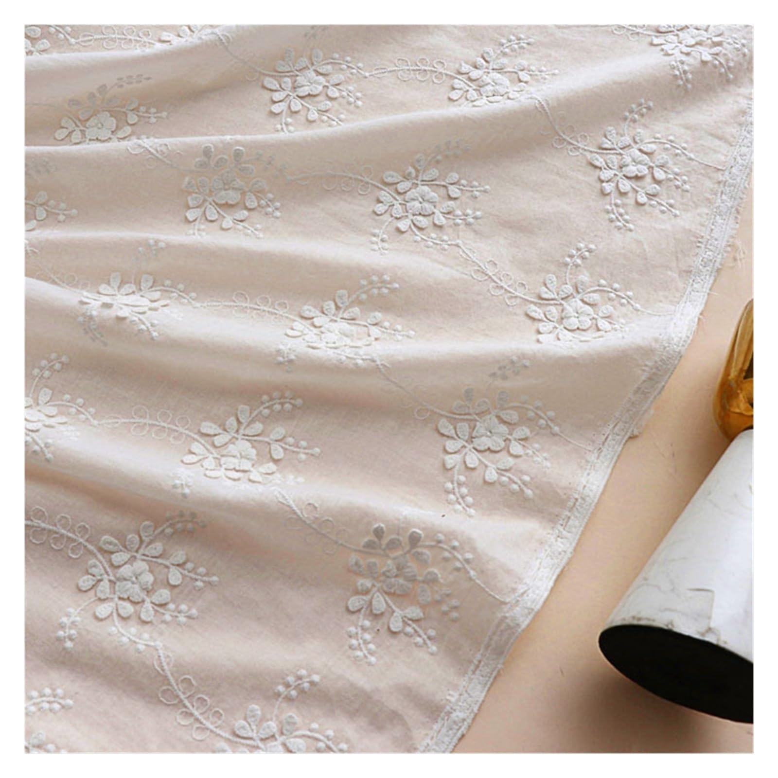 Tessuto in cotone stampato, Tessuto di cotone ricamato con fiori 3D bianchi, largo 130 cm, 0,5 metri/lotto, for vestiti/vestiti/tenda fai da te X133(White,1.5meter long)