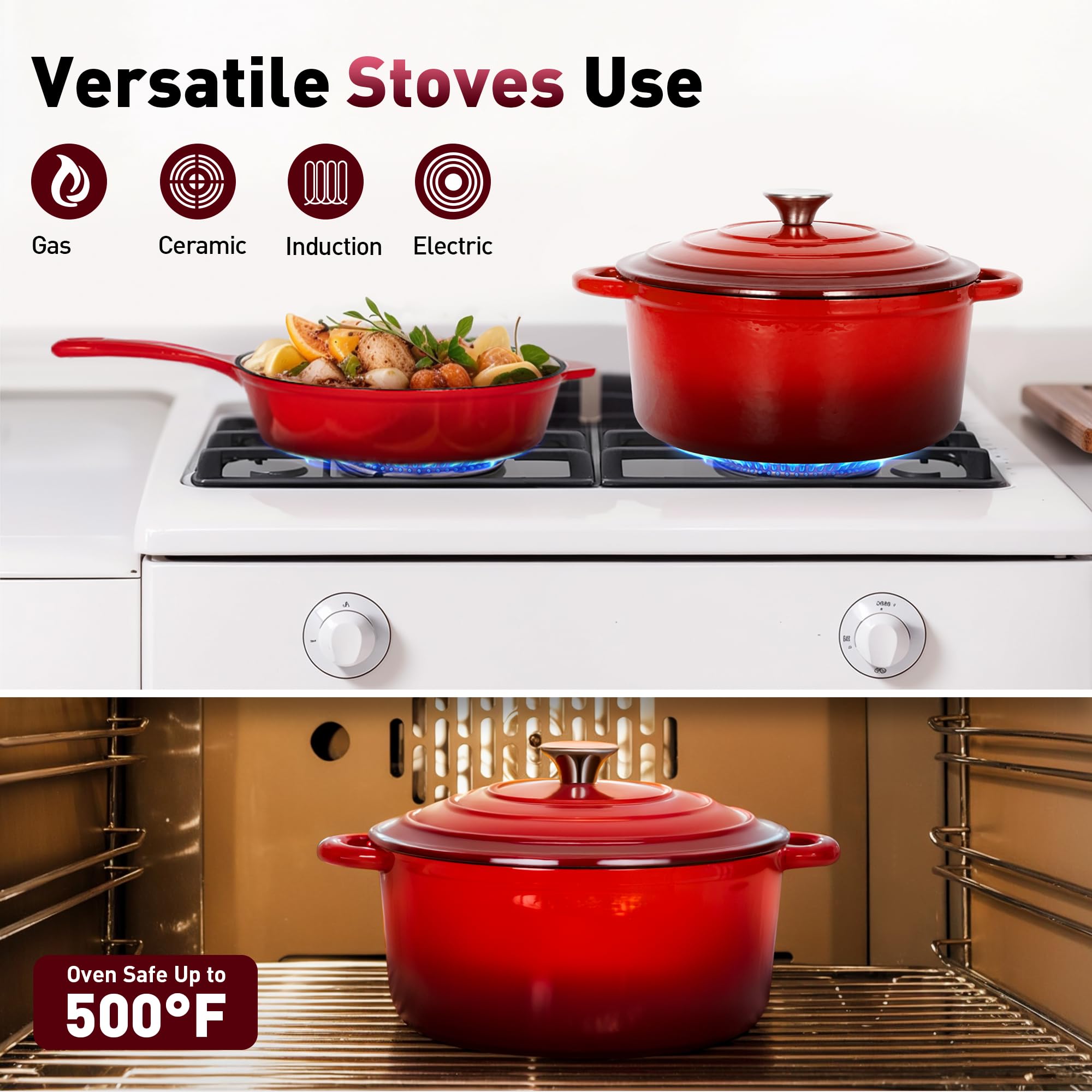 Kitchen Academy, Set di pentole in ghisa smaltata, set da 7 pezzi di forni olandesi, padella, padella, 3 coperchi, set da forno olandese, set di pentole e padelle antiaderenti, rosso