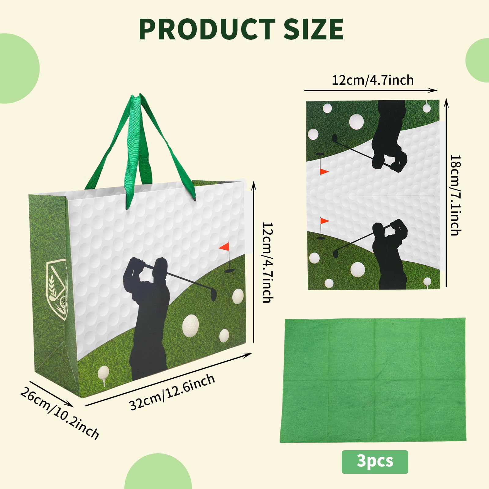 Golf Birthday Gift Bag, Golf Themed Green Gift Wrapping Bag with Tissue Paper and Greeting Card for Men Kids Sports Themed Birthday Party Decor Supplies