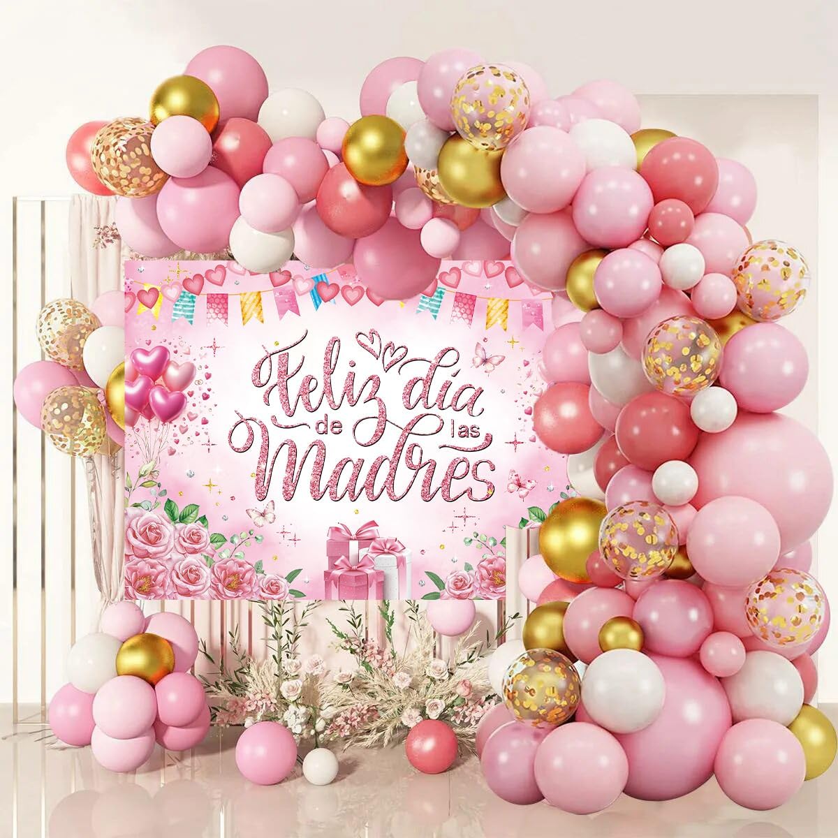 Feliz Dia De Las Madres Backdrop Pink Rose Floral Heart Love Glitter Spanish Mother's Day Photography Background Girl Women Mom Birthday Party Decorations Banner Photo Props (8x6FT)