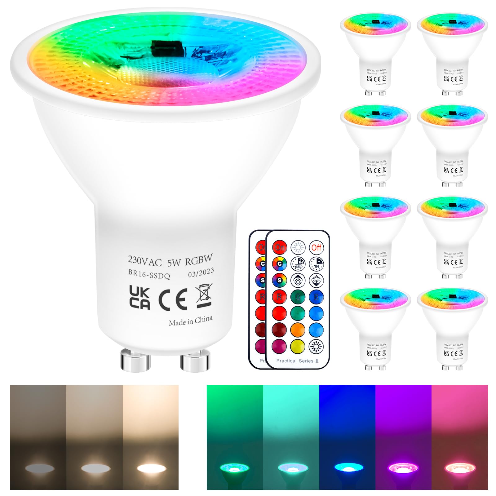 REYLAX Ampoule GU10 LED 5W Equivalence 50W 450lm RGB Spot Changementde Couleur Ampoules Blanc Chaud LED GU10 Dimmable avec Télécommande pour Luminaire Sur Rail Applique Murale paquet de 8