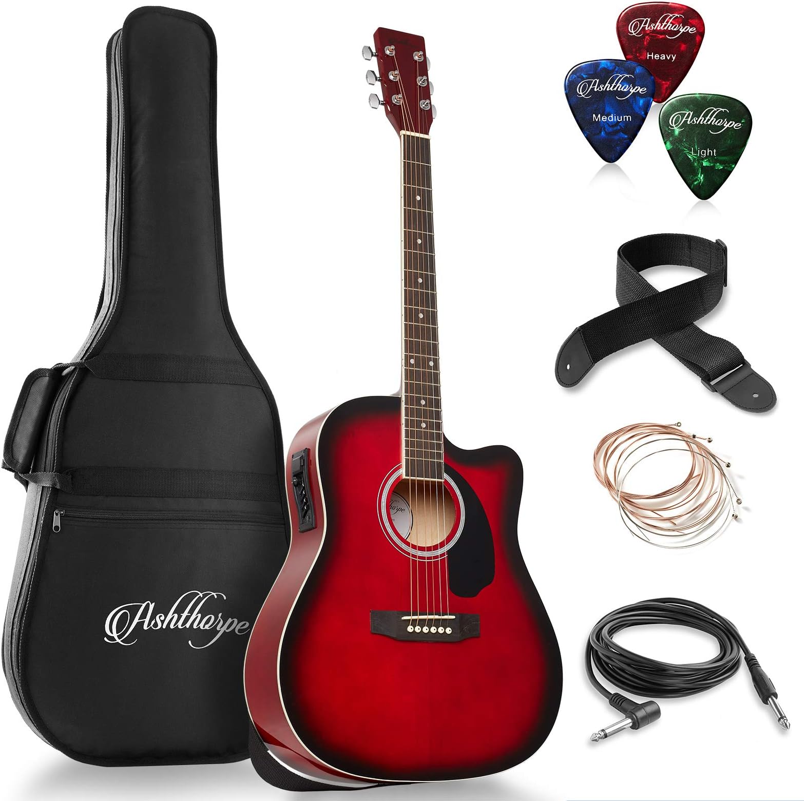 Ashthorpe Full-Size Dreadnought Cutaway Acoustic-Electric Guitar Bundle - Premium Tonewoods - Red