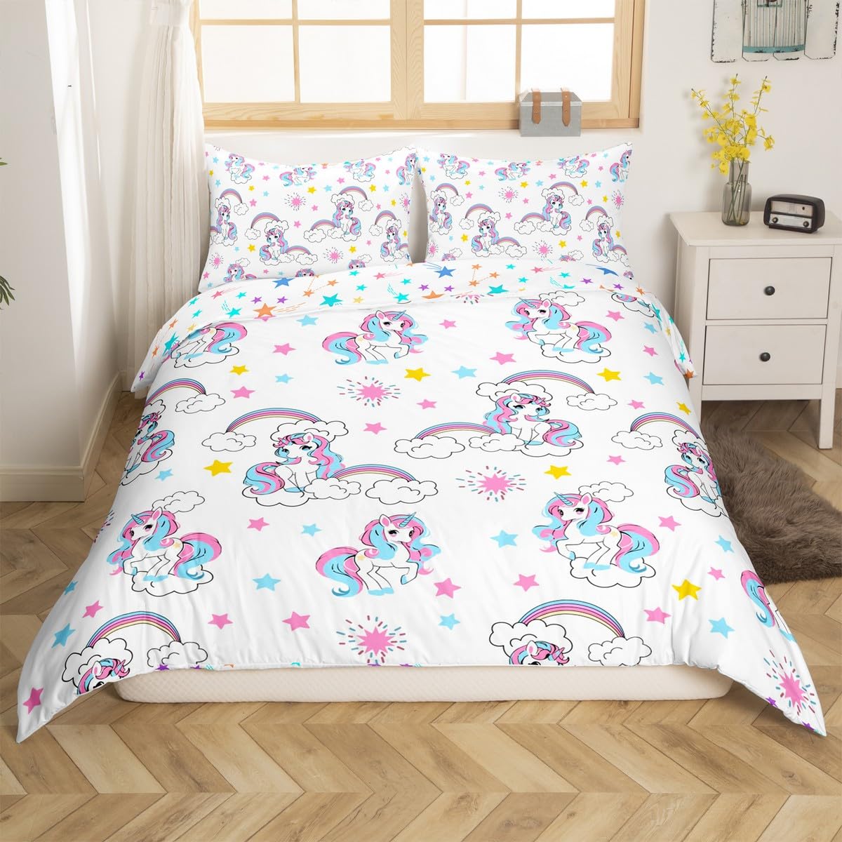 Homemissing Girl Unicorn Duvet Cover Set Cot Size Princess Rainbow Bedding Set Floral Flower Kawaii Duvet Cover with 1 Pillowcase Rainbow White — image 1