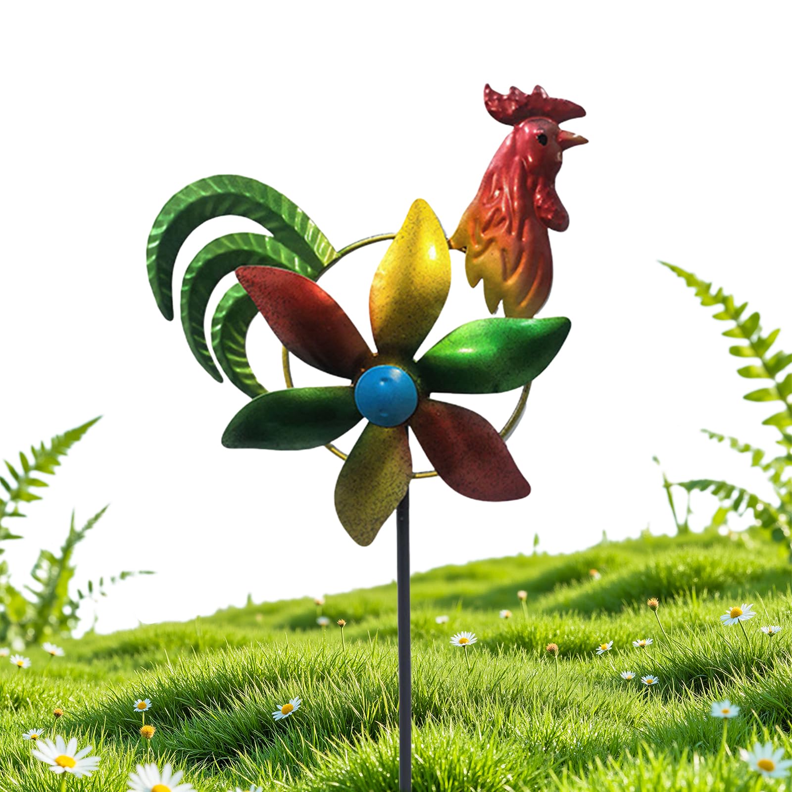 Garden Wind Spinner with Metal Stake, 2D Flat Design Colourful Pinwheels Garden Ornament for Outdoor – Weatherproof Rooster Ground Stakes for Front Porch, Backyard Lawn & Flower Bed