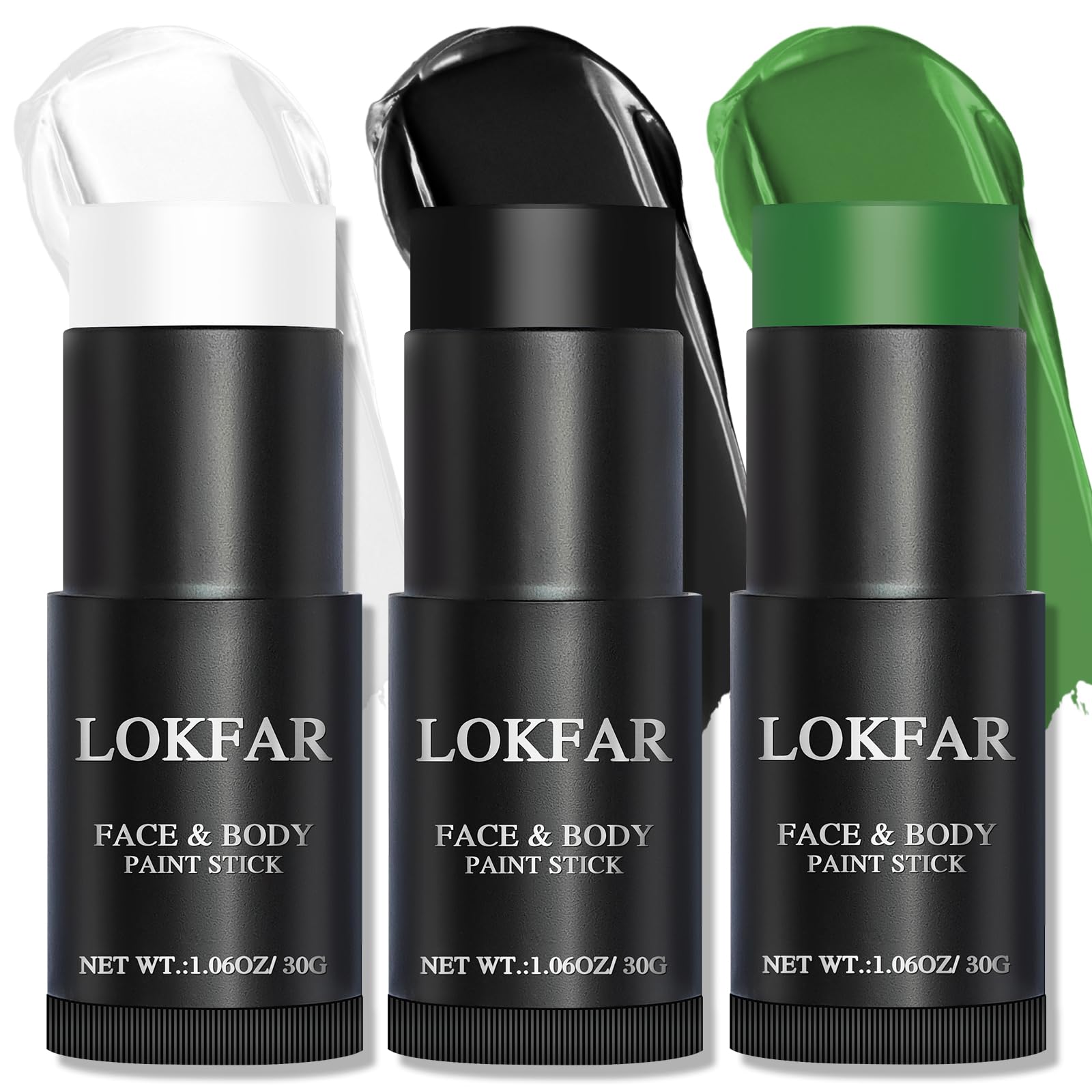 LOKFAR Black & Green & White Face Body Paint Stick, White Foundation Makeup, Football Baseball Eye Black Stick, Professional Halloween Face Makeup Kit