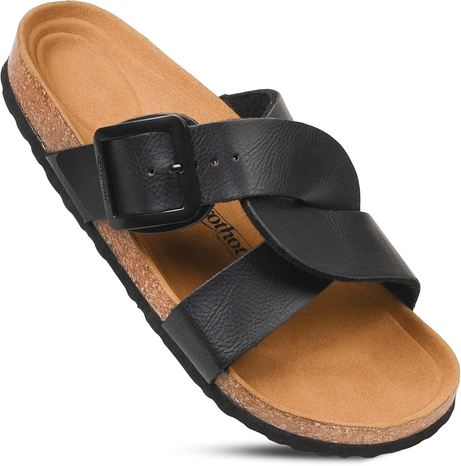 AEROTHOTIC Cork Recovery Slides for Women with Plantar Fasciitis Relief Comfortable Suede Footbed with Adjustable Buckle Cross Strappy Slip on Casual Travel Walking Beach Ladies Sandals