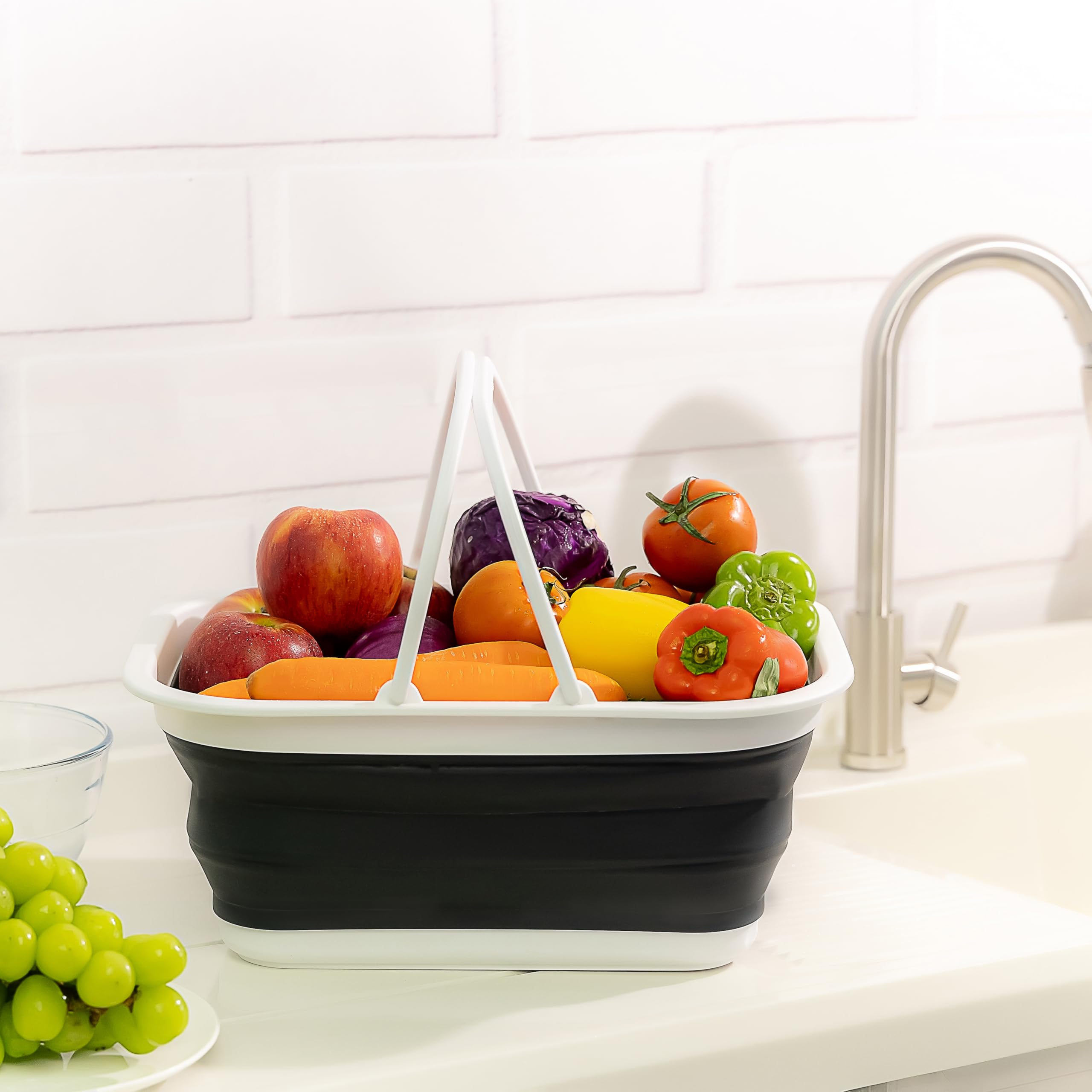 Sammart 15,5 l Faltbare Wanne mit Griff – tragbarer Picknickkorb/-Krater – Faltbare Einkaufstasche – platzsparende Aufbewahrungsbox (Schwarz)