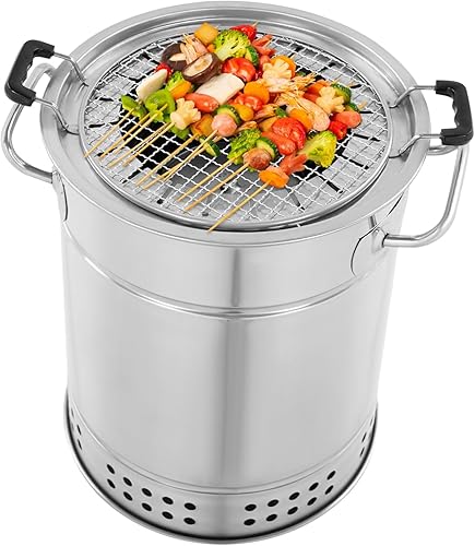 Portable Barbecue Charcoal Barrel Grill, 20 Skewers Stainless Charcoal BBQ Grill Barrel 360 Smokeless Outdoor Barbecues, Surround Charcoals Kebab