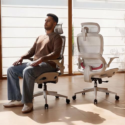 SIHOO B100 Chaise de Bureau Ergonomique, Maille Respirante, Support Lombaire, Appui-Tête Large, Accoudoirs Relevables, Inclinaison 90-135°, Gris et Blanc (sans Repose-Pieds) - 2