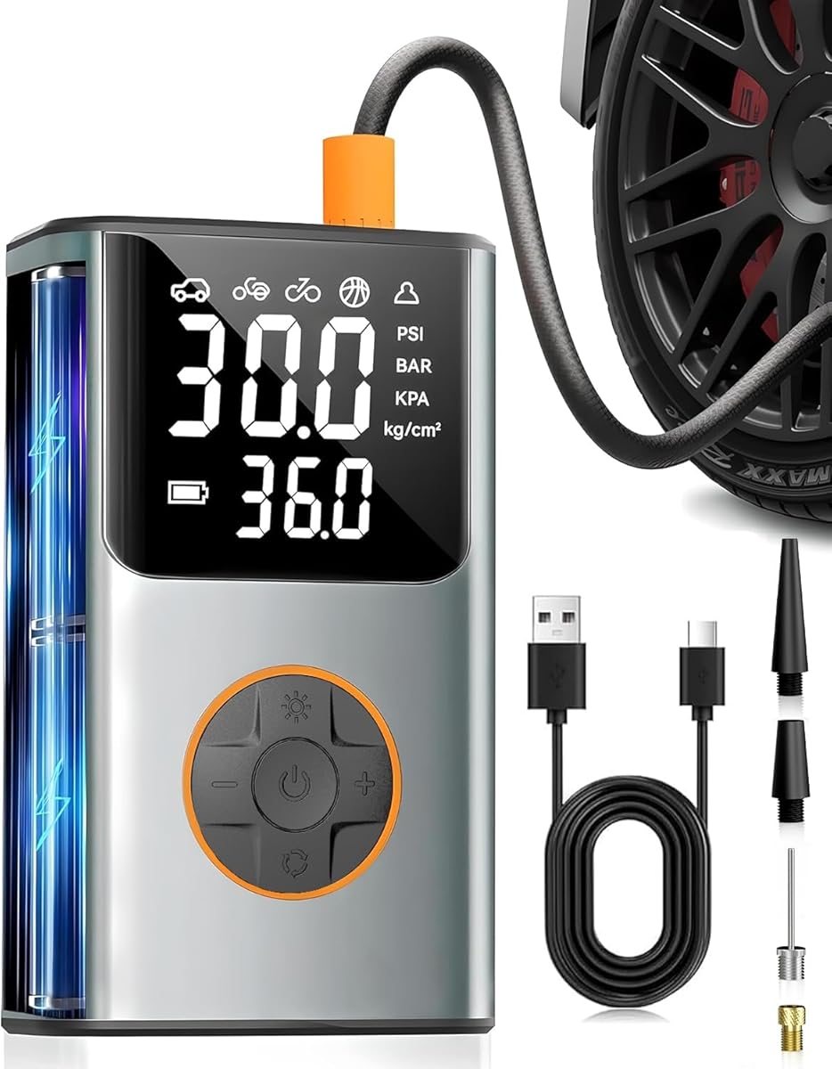 Tire Inflator Portable Air Compressor, Bike Pump, 150PSI Air Pump for Car Tires with LCD Dual Screen and Digital Tire Pressure Gauge, Air Compressor for Bicycle, Motorcycle, Compact Car, Ball