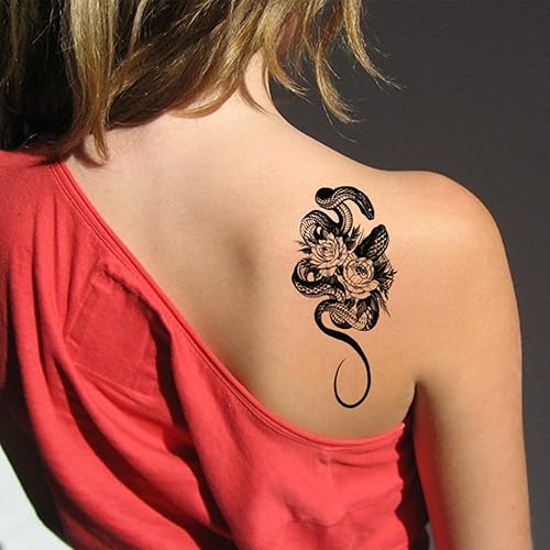 Miniatura 2 de 10 hojas de tatuajes temporales realistas de serpiente floral negro para mujeres, hombres, adultos, antebrazo, brazo, cuello, cintura, pierna, arte