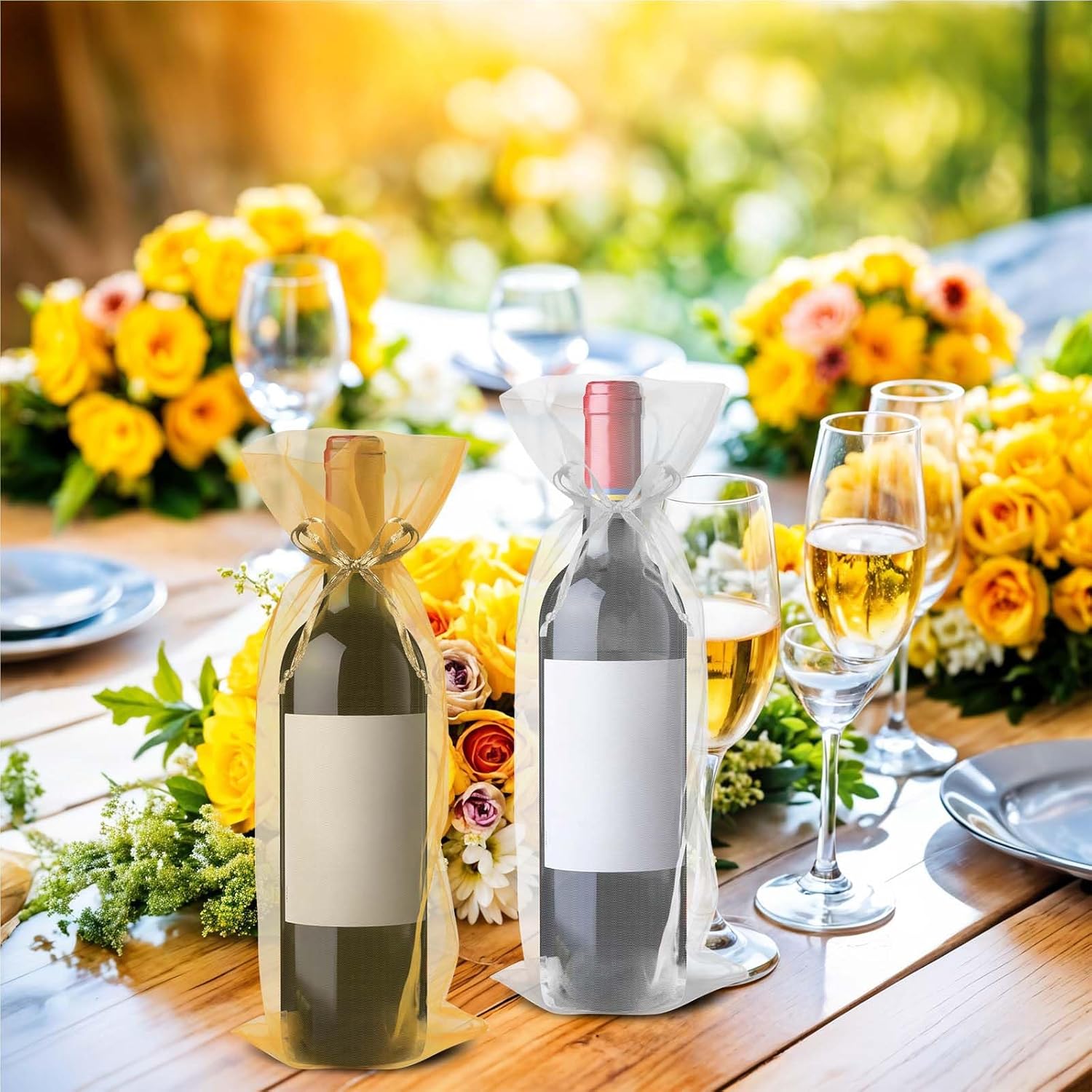 Megitzuu 20 Pieces Organza Wine Bags, 14.6 x 5.5 Inch Wine Gift Bag with Drawstring Sheer Mesh Wine Gift Pouches Bottle Covers for New Year Wedding Party Favors (Gold+White) - Image 2