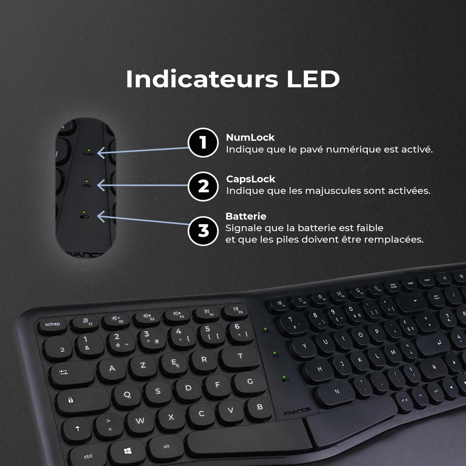 AD ADVANCE - Smartergo, Ensemble Clavier Souris sans Fil Ergonomique pour PC, Souris Verticale 57° Réglable 1600 DPI, Clavier AZERTY avec Repose-Poignets 112 Touches & 12 Raccourcis, 2.4 GHz, Noir