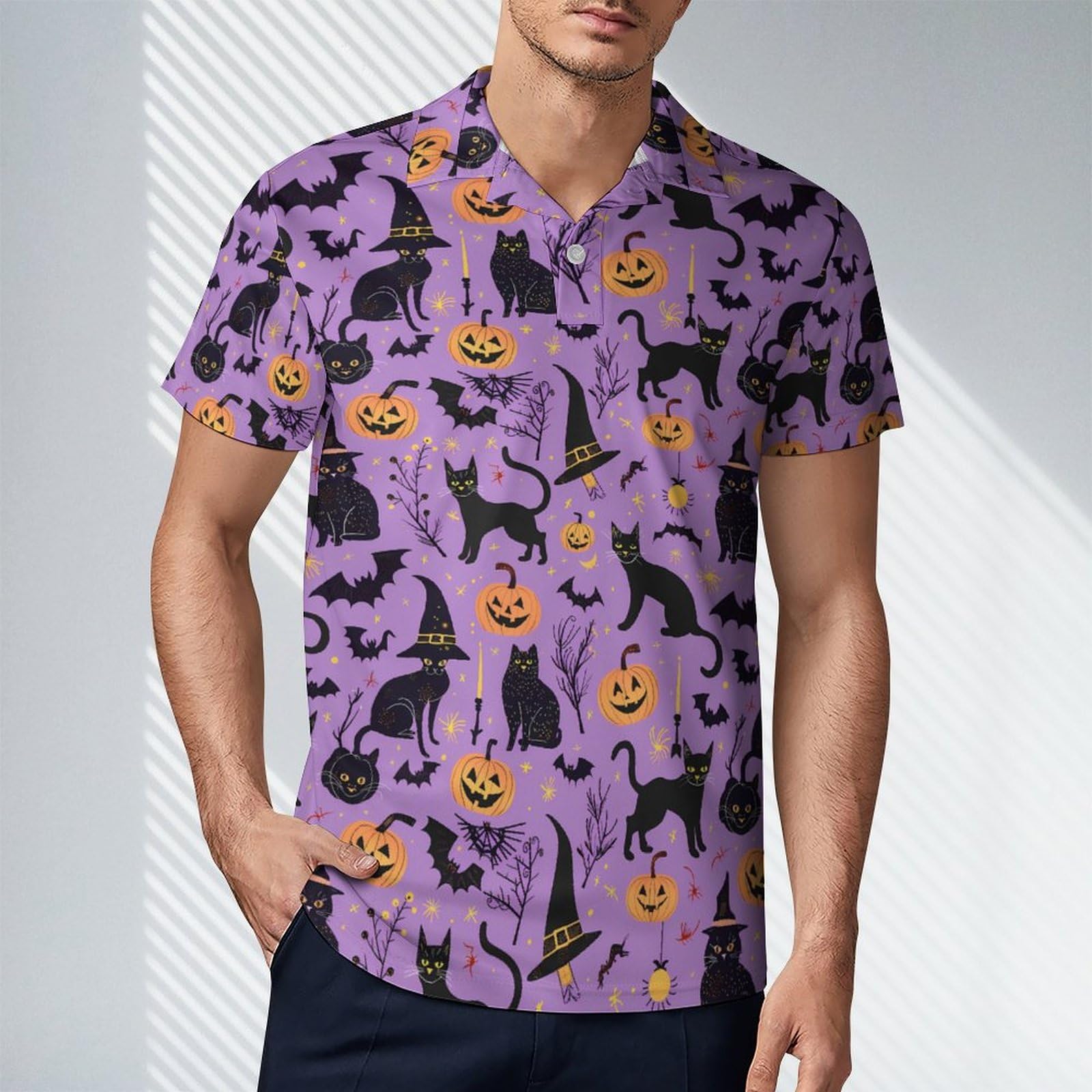 Halloween Black Cat Pumpkin Novelty Men's Short Sleeve Shirts Funny Golf Tennis Work T-Shirt Sport Tee S