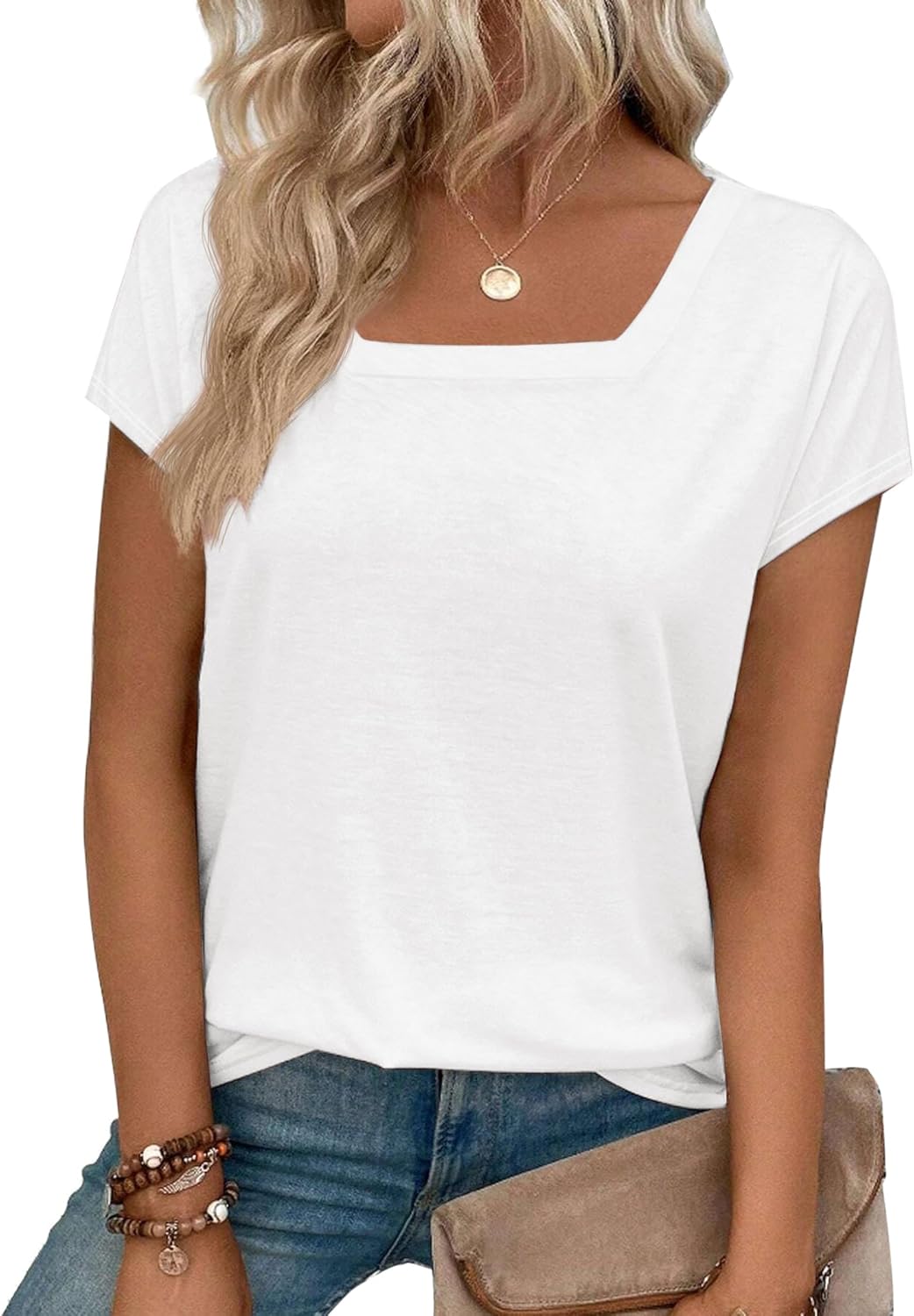 Womens Square Neck T Shirts Short Sleeve Summer Tops Casual Basic Tee Shirt 2025 Trendy Fashion Clothes