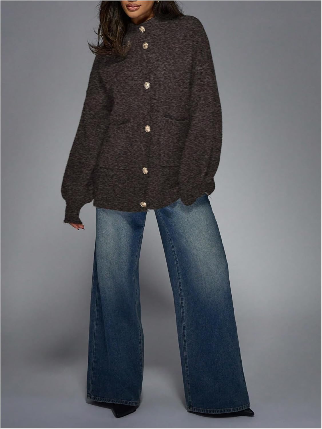 GORGLITTER Women's Winter Button Down Oversized Cardigan Sweaters Mock Neck Long Sleeve Chunky Knit Trendy Outerwear - Image 5