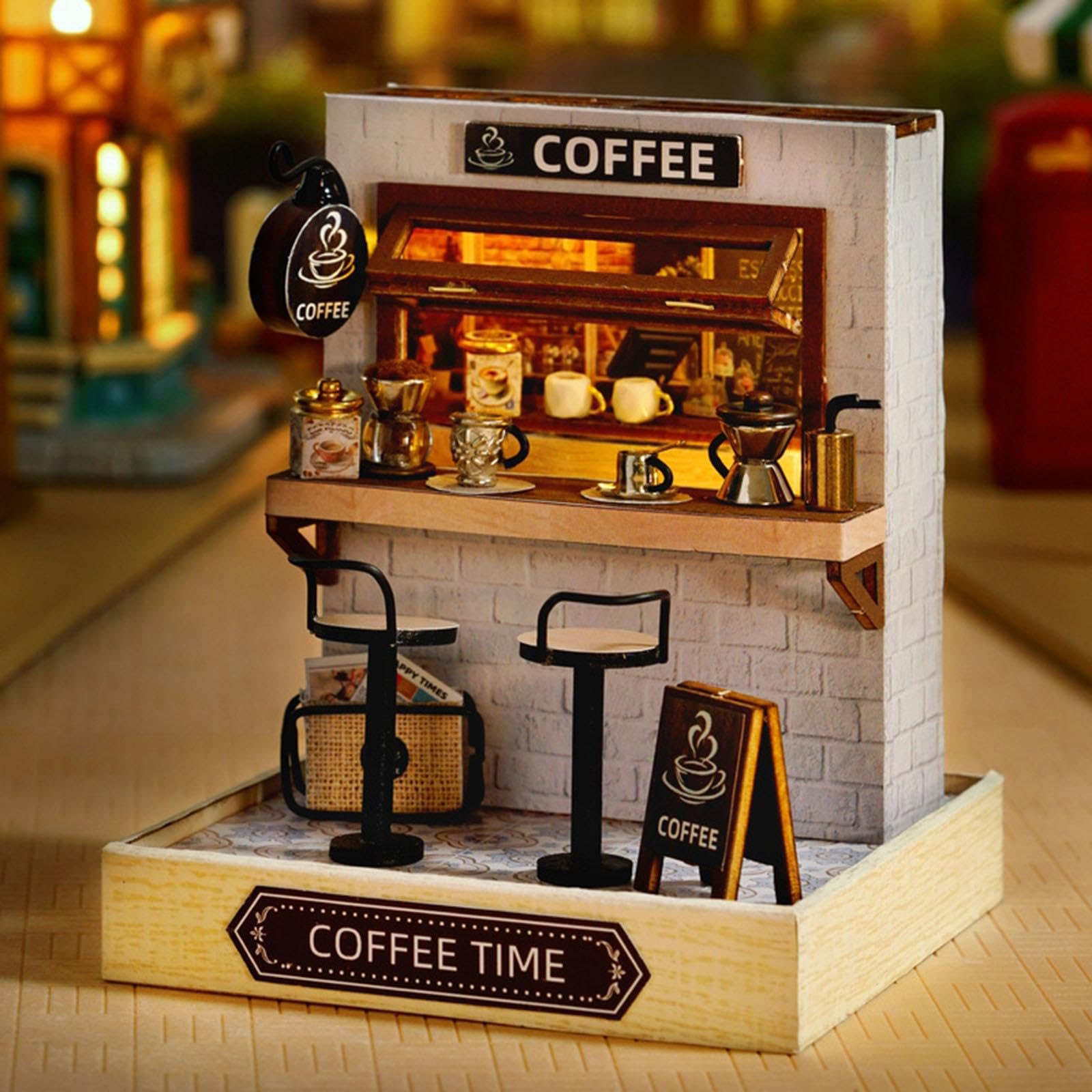 Juego de 5 casas de muñecas en miniatura de madera para niños, adultos, amigos, hora del café, estilo 4
