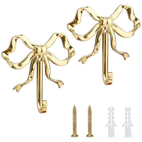 2pcs Bow Knot Wall Hooks, 3.9x3.8in Gold Bow Knot Coat Hooks Cute Butterfly Door Hangers Decorative Bows Wall Hook for Coats Hats Bags Towels Coffee Mugs
