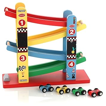 Chanak Wooden Ramp Racer Car Toy with 4 Mini Wooden Cars, Multilevel Twister Track, Montessori Ramp Racer Playset Racing Track Toy for Boys Girls, Above 3+ Age