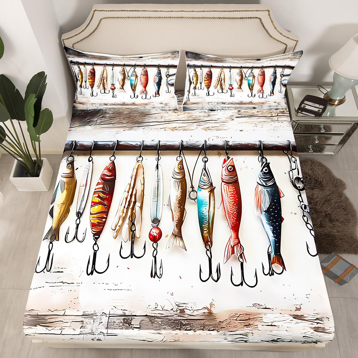 Feelyou Kids Fish Hook Bed Sheet Set Queen Size, Bass Fish Fitted Sheet Rustic Lake Fishing Bedding Set Boys Girls Farmhouse Teens Bedroom Decor Lightweight Bed Set (No Flat Sheet)
