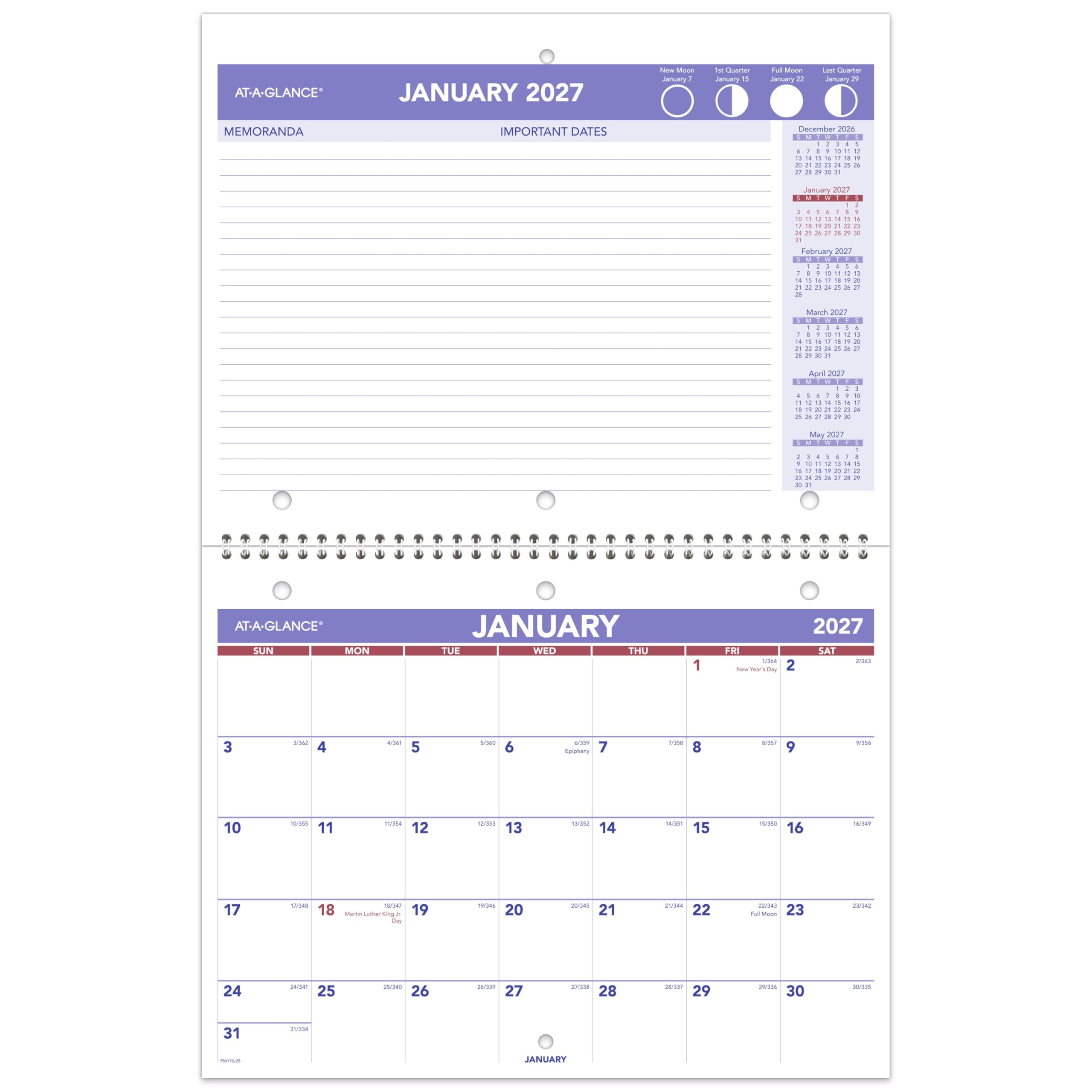 AT-A-GLANCE 2027 Wall Calendar, 8.5" x 11" Planner, Fits 3-ring Binder, Unruled Blocks, Monthly (PM1702827)