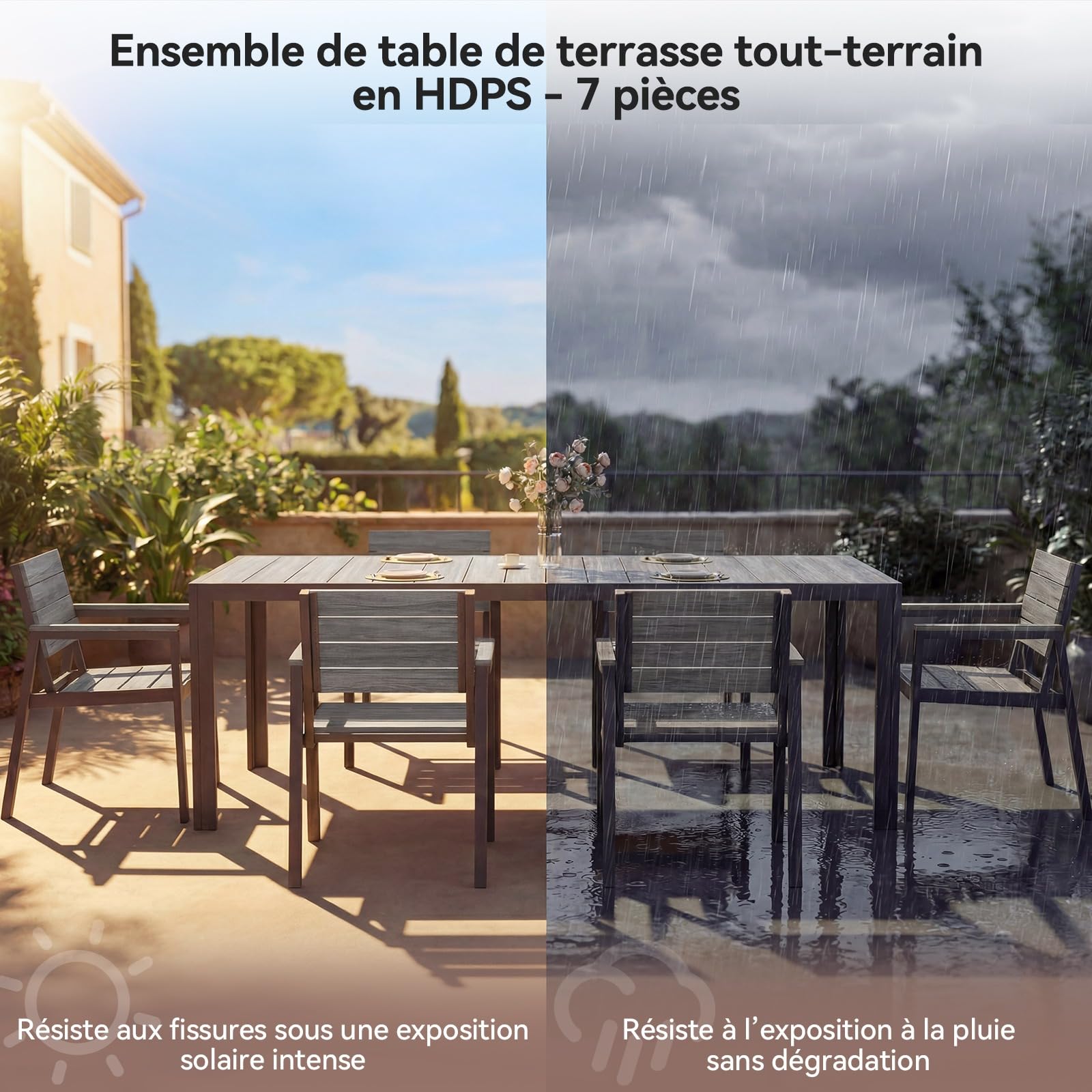 Devoko HDPS Salon de Jardin Exterieur 7 Pièces, Résistance aux Intempéries Ensemble 189 cm Table et 6 Chaise de Jardin Exterieur Aluminium, Finition Grain de Bois et Facile d'entretien(Gris)