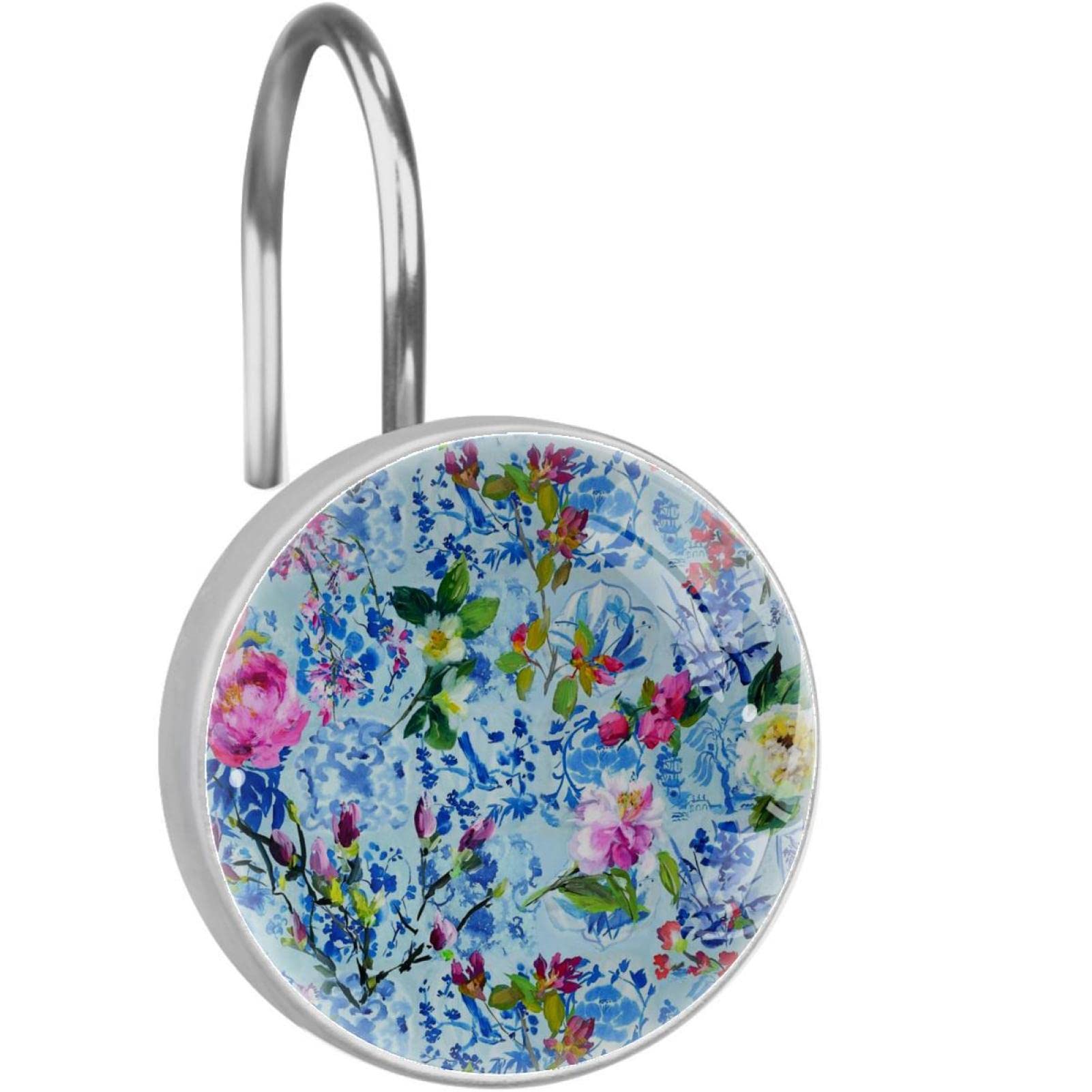 Crochets rideau de douche fleur bleue en acier inoxydable x12 pour salle de bain