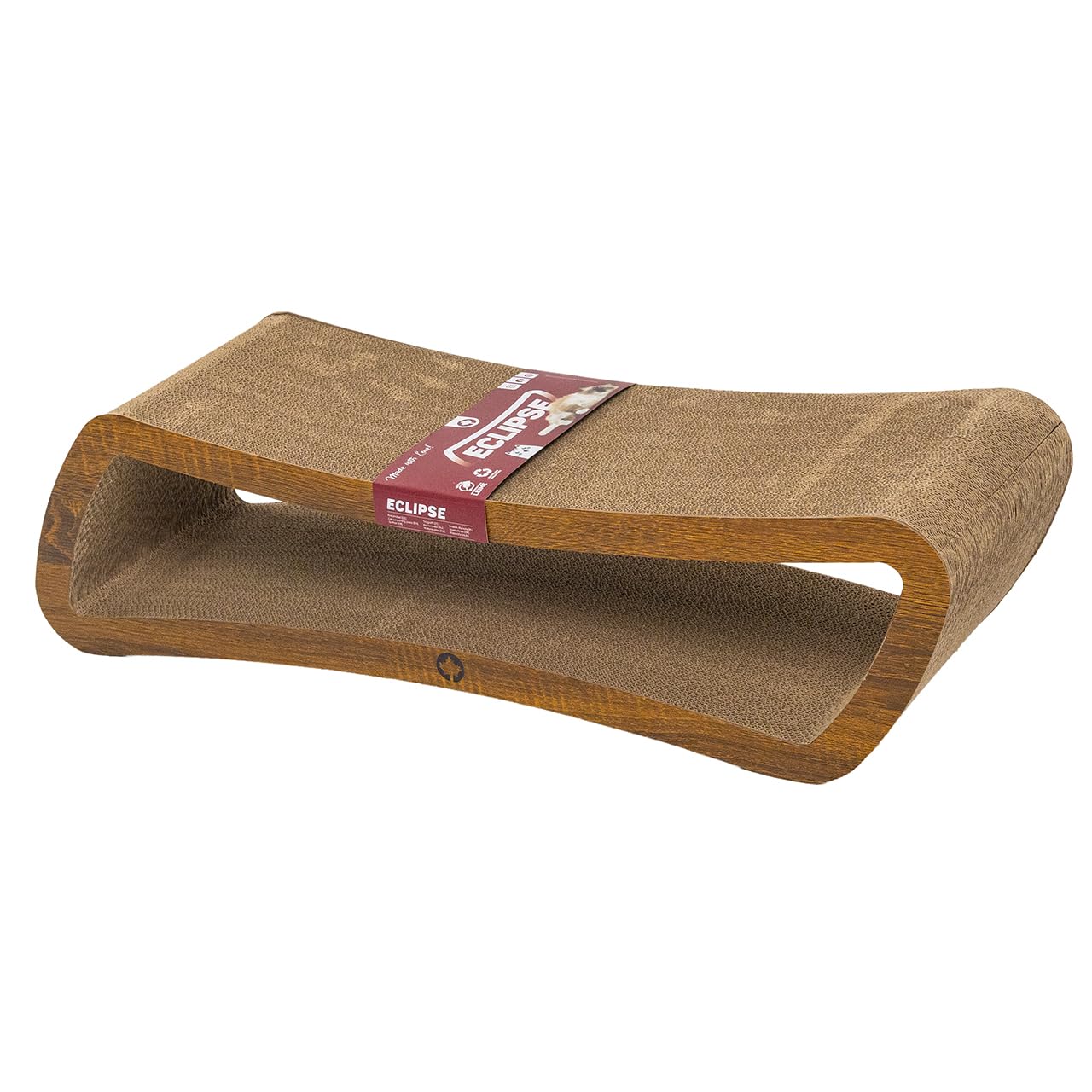 CanadianCat Company | Kratzbrett Eclipse für Katzen - 84 x 24 x 23 cm - doppelseitig nutzbar - stabile Wellpappe - Holzoptik Walnuss - Kratzmöbel & Liegeplatz